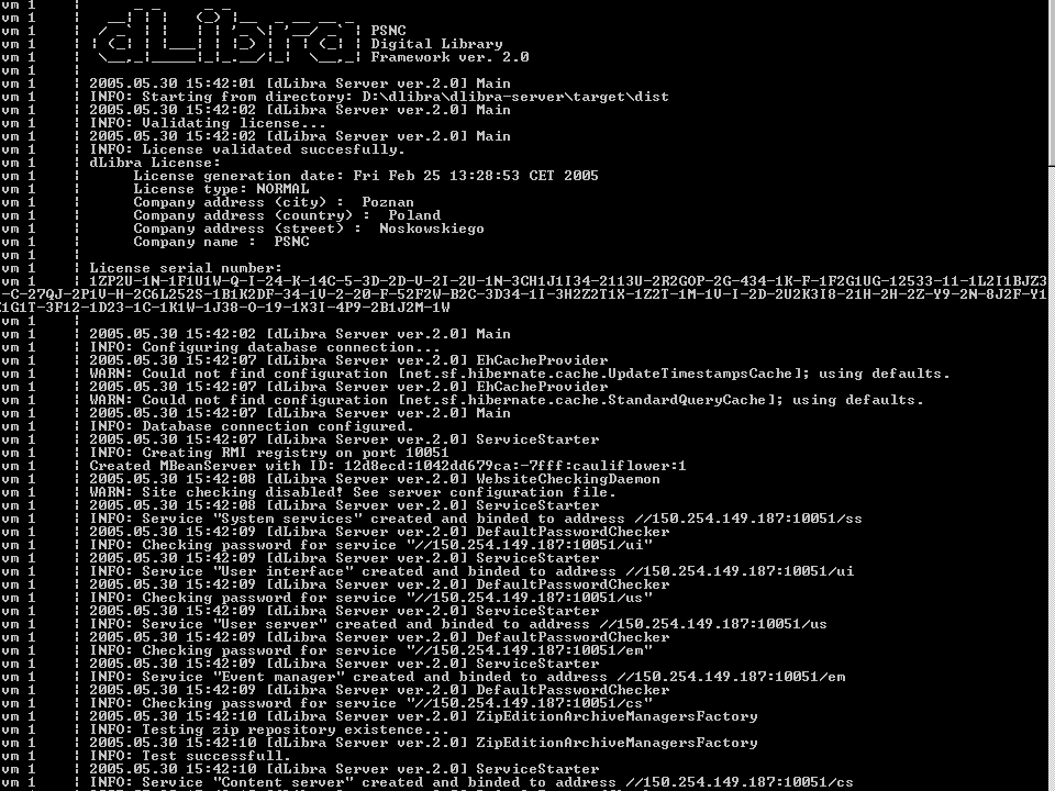 Okienko serwera dLibra uruchomionego w trybie konsolowym.