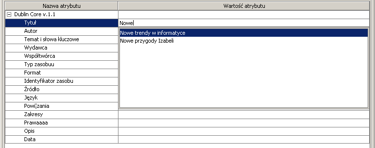 Wyświetlana lista wartości atrybutu przez mechanizm autouzupełniania