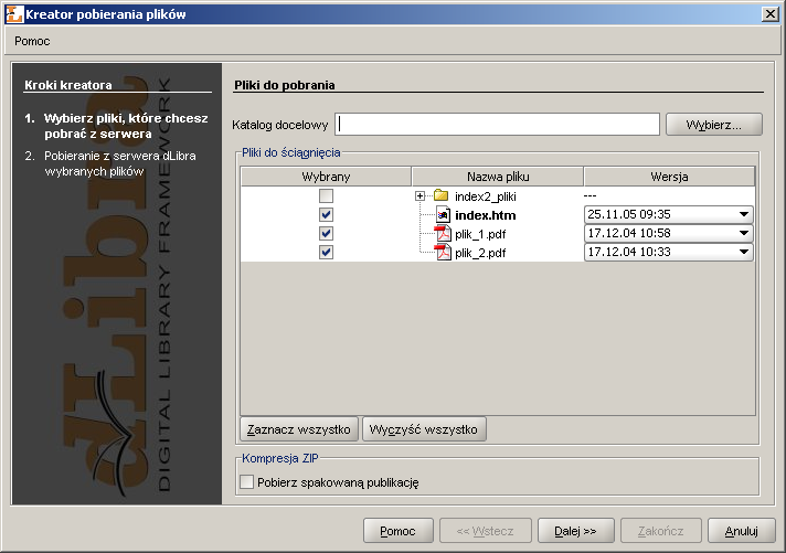 Kreator Pobierania - strona wyboru pliku publikacji