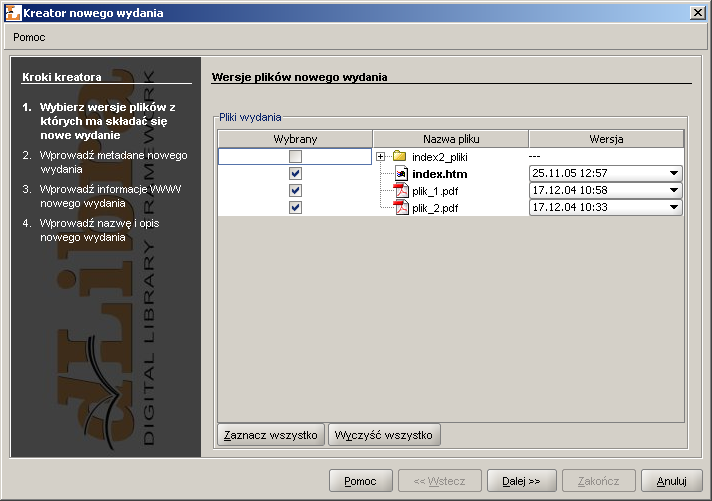 Kreator Nowego Wydania - strona wyboru wersji plików