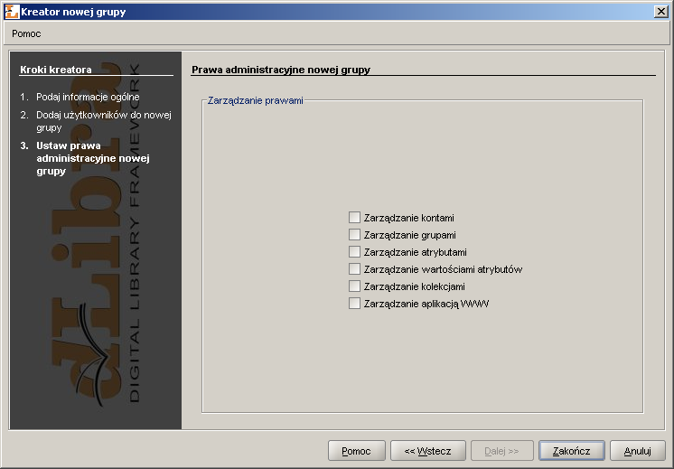 Kreator nowej grupy - przypisywanie praw administracyjnych