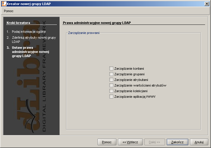 Kreator nowej grupy LDAP - przyznawanie praw administracyjnych