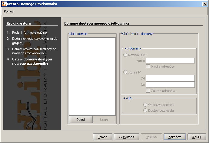 Kreator nowego użytkownika - definiowanie domen dostępu