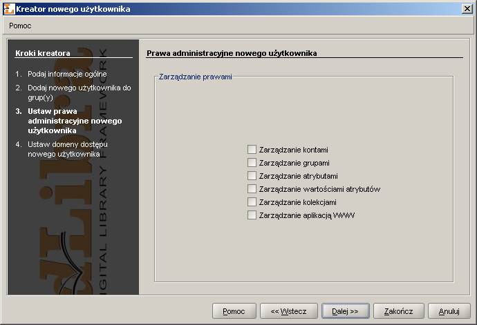 Kreator nowego użytkownika - przypisywanie praw administracyjnych