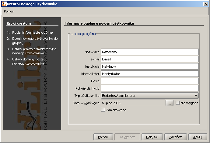 Kreator nowego użytkownika - dane ogólne