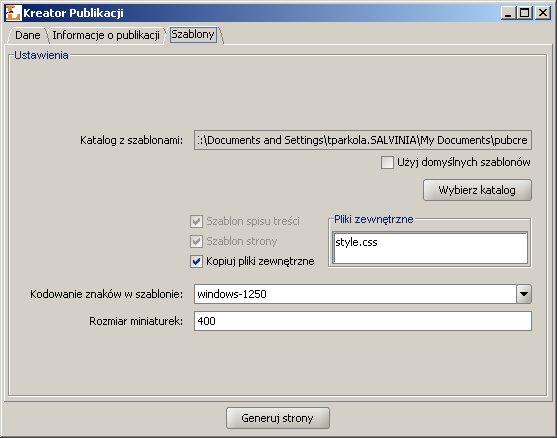 Kreator Publikacji - zakładka informacji o szablonach
