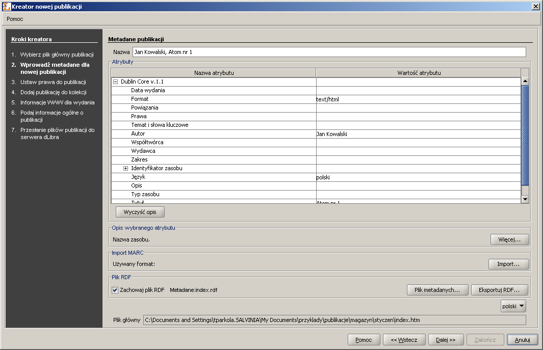 Kreator Nowej Publikacji - przypisywanie wartości atrybutów