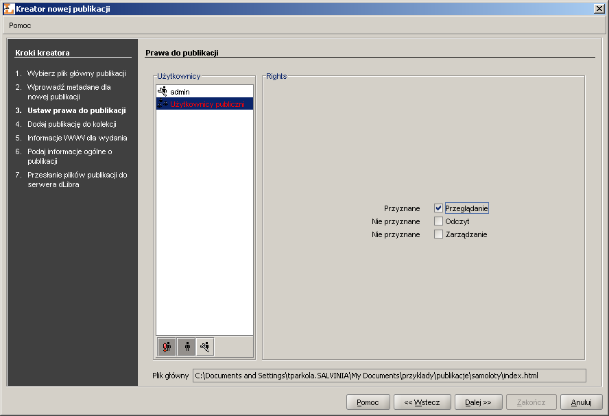Kreator Nowej Publikacji - nadawanie użytkownikom praw do publikacji